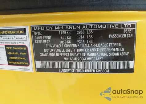 2021 Mclaren Gt Coupe z USA, uszkodzony, nr VIN SBM22GCAXMW001327